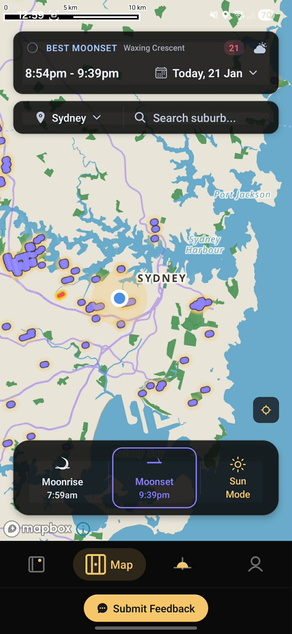 CityHenge app showing moonset alignments